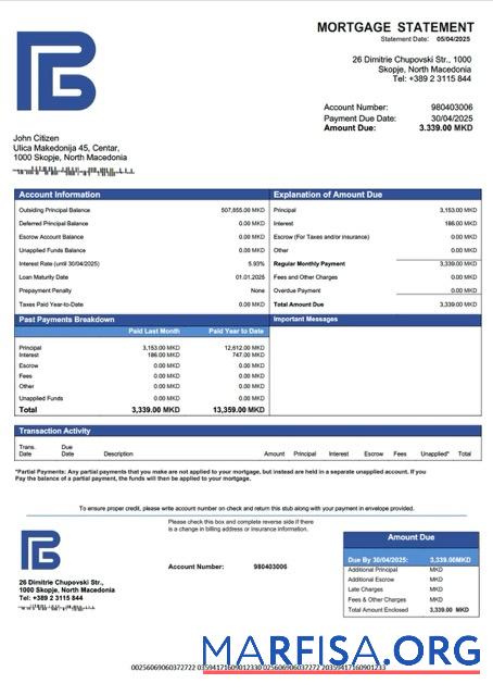 Printable North Macedonia Development Bank of North Macedonia mortgage statement Word and PDF template